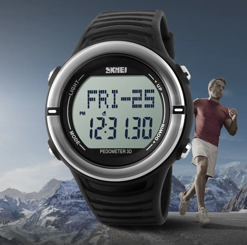 Sport Pedometer Heart Rate EL Light Watch Mens Wristwatch Silicone Date