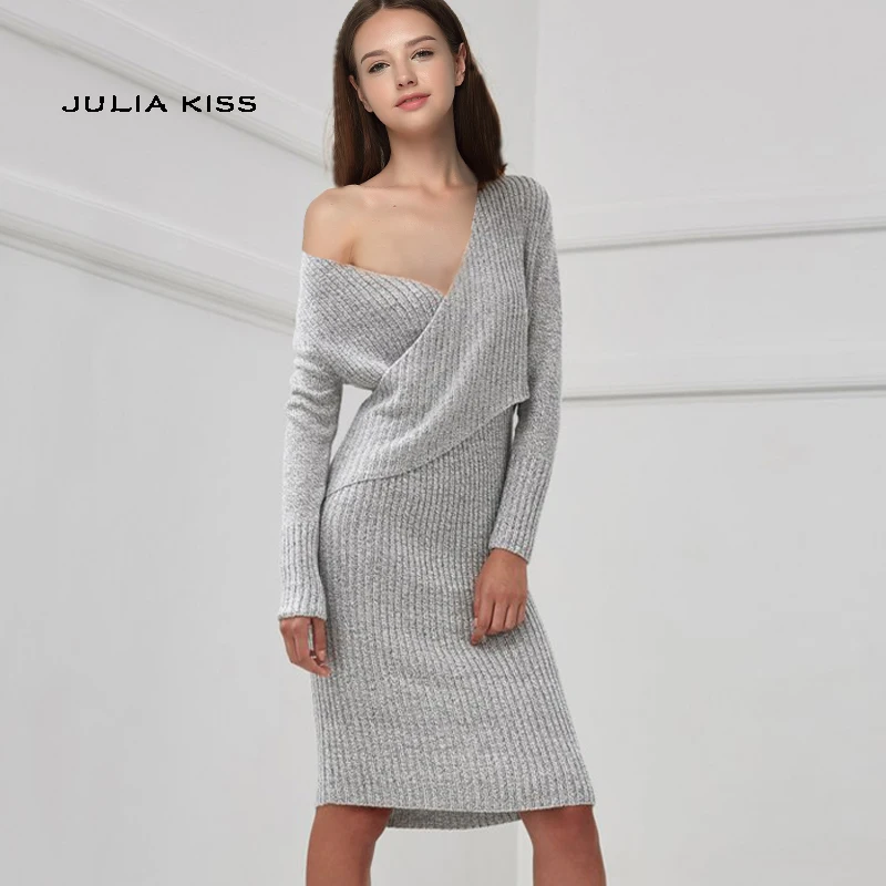 

Women Wrap V Neck Ribbed Knit Dresses