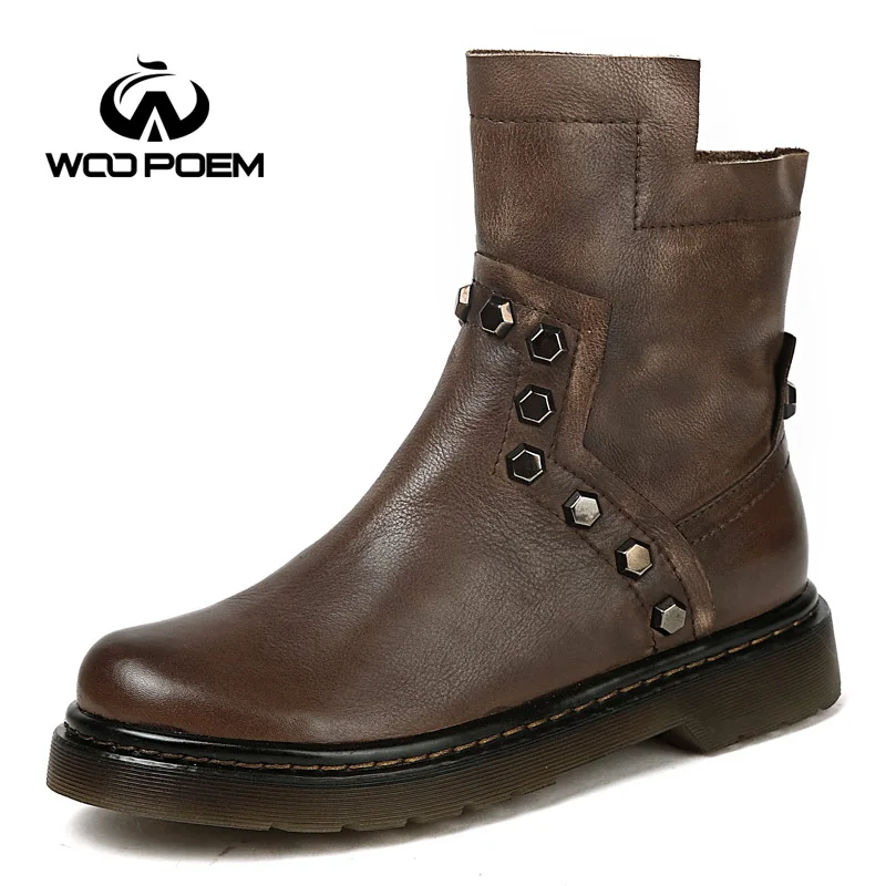 

2017 Winter Shoes Woman Genuine Leather Boots Low Flat Heel Ankle Boots Rivet Motorcycle Boots Retro Women Boots
