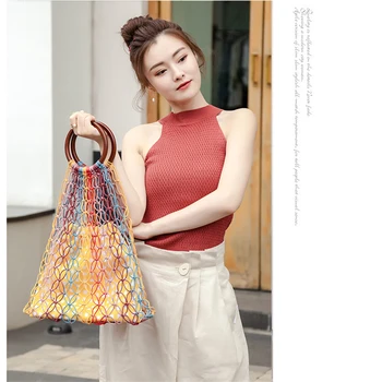 

hollow out handbags with wooden handles colorful woven bag hand-woven summer beach bags for women 2019 high quality tote bag