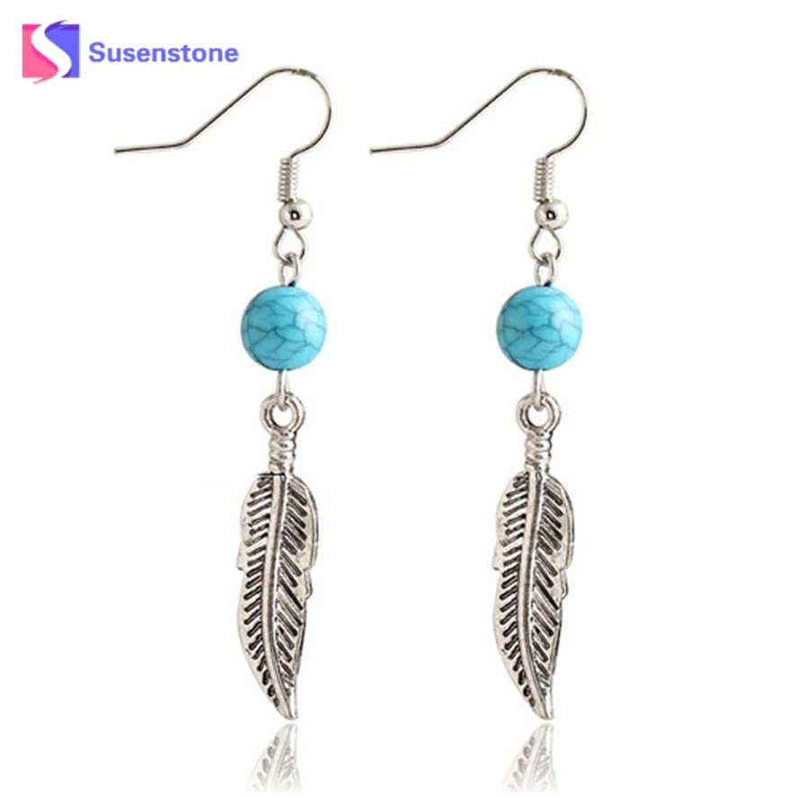 

susenstone Ladies New 1Pair Feather Long Drop Earrings Dangle Jewelrys Circular Leaves Dangle Earings Eardrop Jewelry