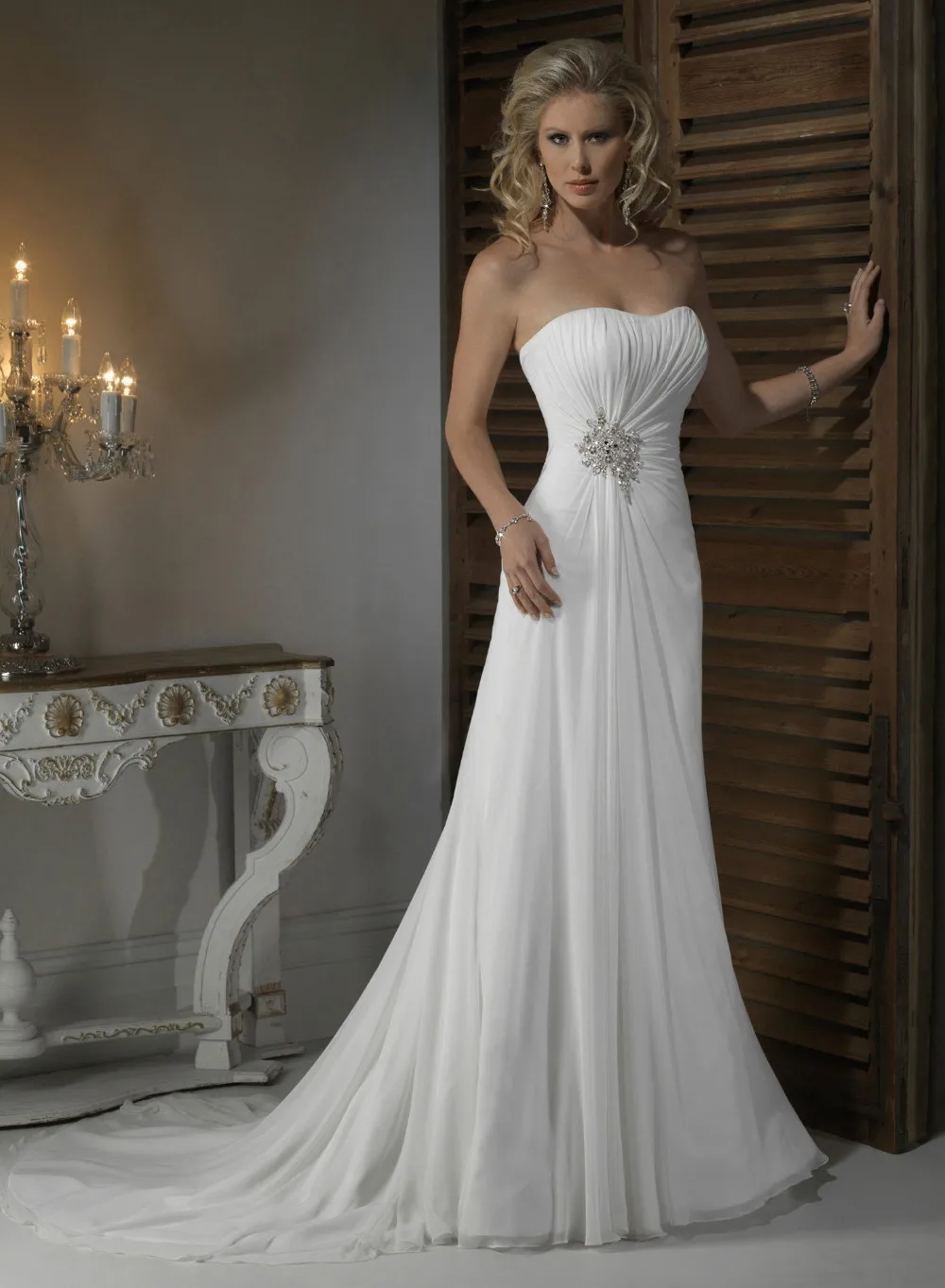 Elegant Classic Less Than 100 Dollar Scoop Neck Pleat Chiffon