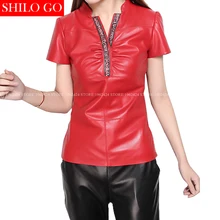 SHILO GO, новое модное уличное женское Винтажное с отделкой бусинами, v-образный вырез, короткий рукав, овчина, натуральная кожаная футболка, женская рубашка в сдержанном стиле