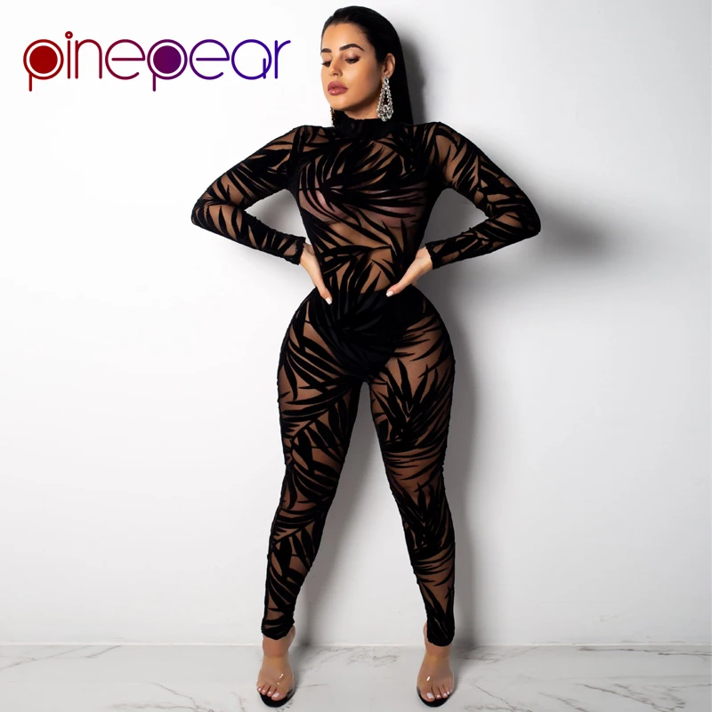 

PinePear Leaf Mesh Jumpsuit 2019 Trendy Women Long Sleeve Turtleneck See Through Sexy Club 2 Piece Set Party Matching Outfits