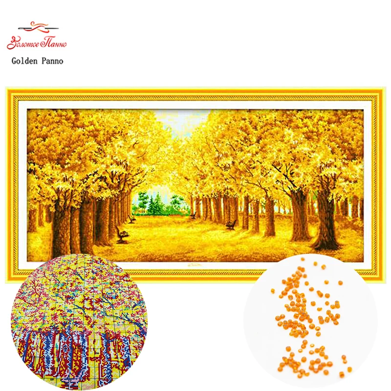 

GoldenPanno,Needlework,DIY bead Cross stitch,Embroidery stitch Golden tree, Precise Printed plant Pattern cross 814