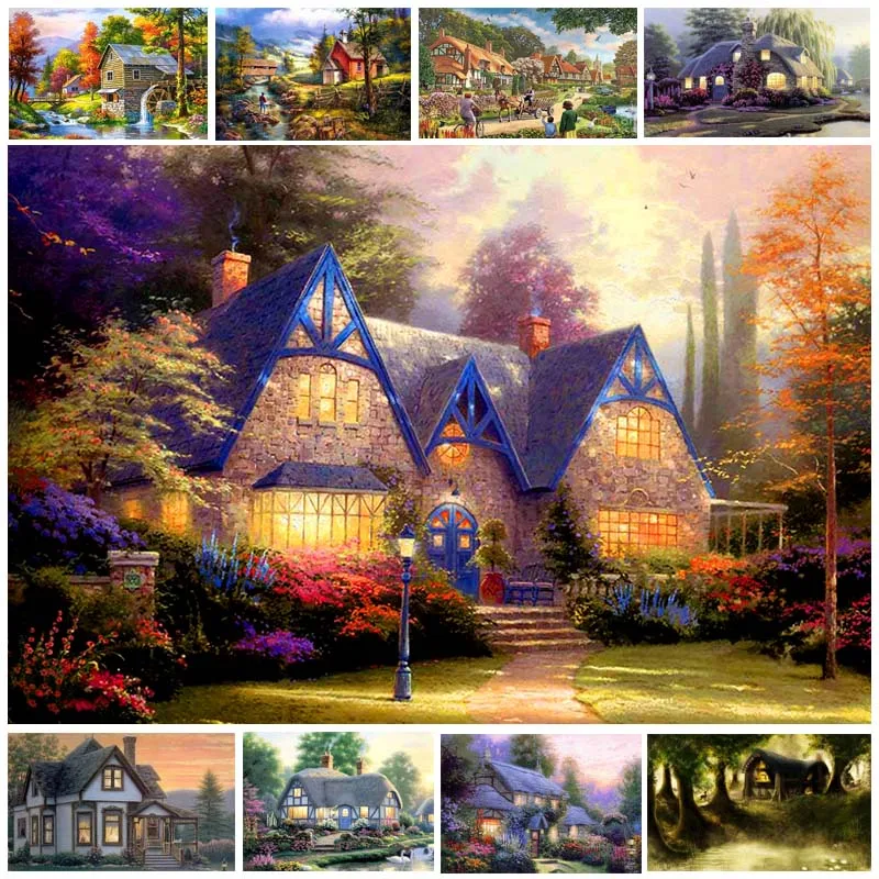 

5d Diy Diamond Painting Cabin Tree Diamant Painting Cartoon House Scape Diamond Embroidery Oil Creek Lake Home Mosaic Decor Z65