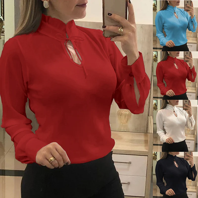 

S-5XL Autumn Chiffon Blouses Women Casual Tops Plus Size Stand Collar Front Lace Up Elegant Ladies Office Shirts Black White Red