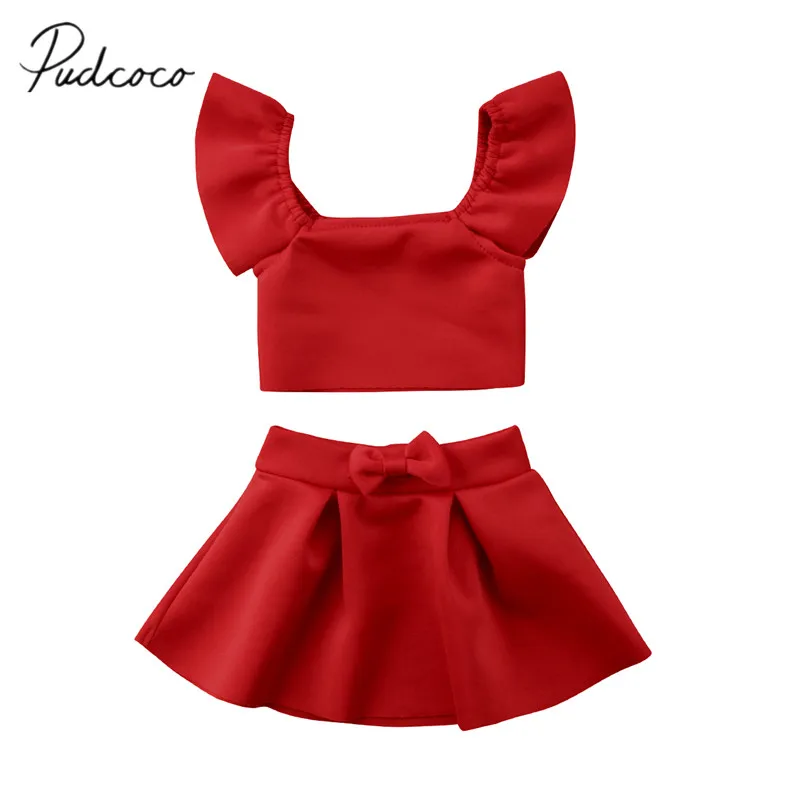 

2018 Brand New Newborn Toddler Kids Baby Girl Party Off Shoulder Crop Top Bow Skirt 2Pcs Outfit Clothes Girls Solid Sunsuit 0-4T