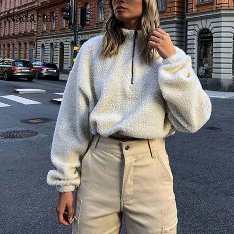  Nadafair Long Sleeve White Cropped Hoodie Women Autumn Winter Pullover Short Sweatshirt Plush Zippe