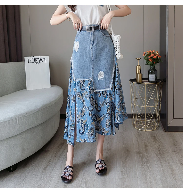 Trytree Summer Women two piece set Casual O-Neck Tops+ Skirt Demin Patchwork Print Hem Belt Pocket Suit Office Lady 2 Piece Set