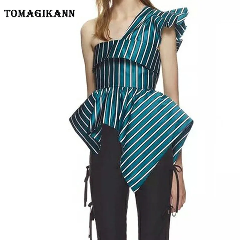 

Sexy Off Shoulder Striped Satin Women Blouse Ladies Irregular Hem Contrast Colors Femininas blusas Shirts Tops 2019 Camisa Mujer