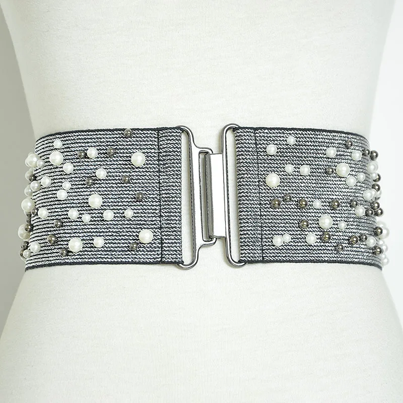 

2019 Fashion Designer Imitation Pearls Wide Waist Belts for Women Silver Alloy Knitted High Waistband Cummerbunds Ceinture Femme