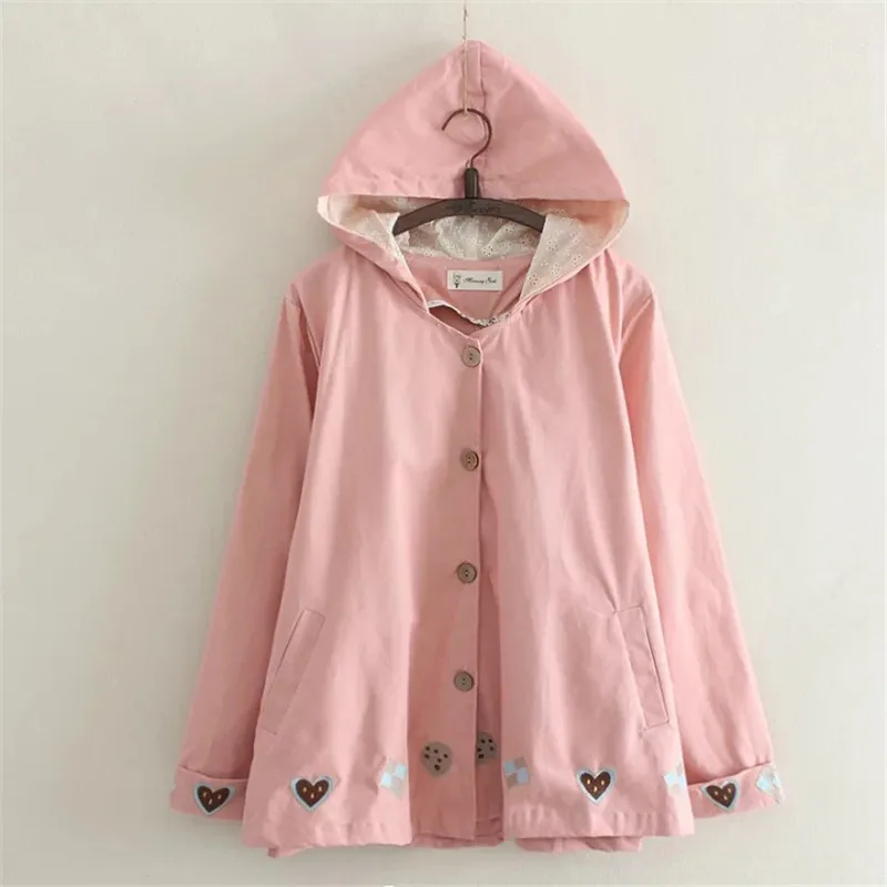 MERRY PRETTY 2017 Autumn Women Basic Jacket Pocket Button Hooded Heart Embroidery Cotton Outwear Loose Pink Coats Girls Jackets MERRY PRETTY 2017 Autumn Women Basic Jacket Pocket Button Hooded Heart Embroidery Cotton Outwear Loose Pink Coats Girls Jackets
