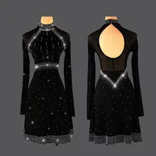 Платье со стразами с длинными рукавами для женщин, черное кружевное платье для латинских танцев, вечерние платья для ночного клуба, платье для спортивных танцев, VDB117