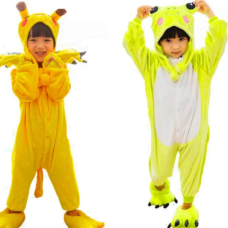 Poke mon Pika chu Onesie Pajamas Baby Sleepsuit Anime Cosplay Costumes Frog Jumpsuit Pyjamas Flannel Animal Kid Home Sleepwear