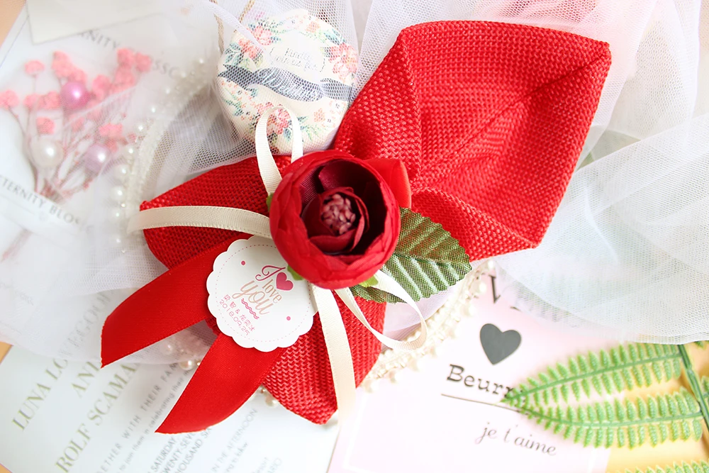50 шт./лот, новинка, Льняная сумка, Свадебная коробка для конфет, подарочные сумки в виде Розы, подарочные коробки для мальчиков, подарочные коробки, бонбоньерки, вечерние подарки