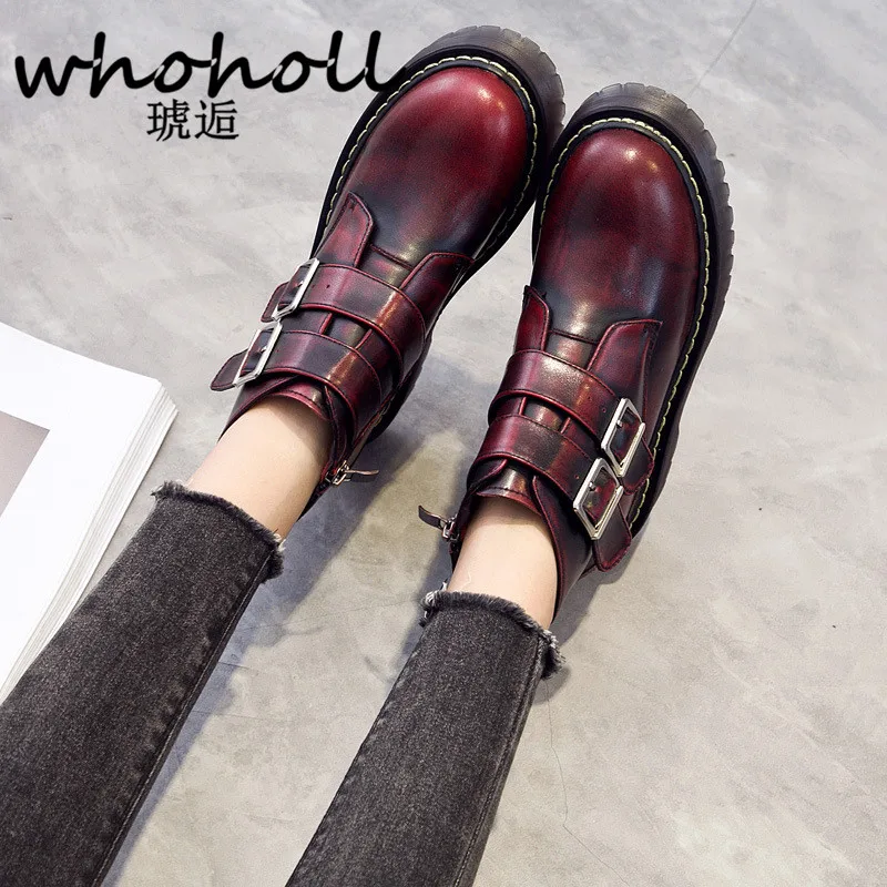 

WHOHOLL Women Shoes Retro Martin Boots Women's Short Ankle Boots 2018 Autumn Winter Red Buckle Belt Thick Platform Flat Shoes
