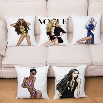 

Vogue Cartoon Sexy Lady Cushion Cover Short Plush Pillow Case Decor Fashion Girl Print for Sofa Home Car Pillow Case 45x45cm