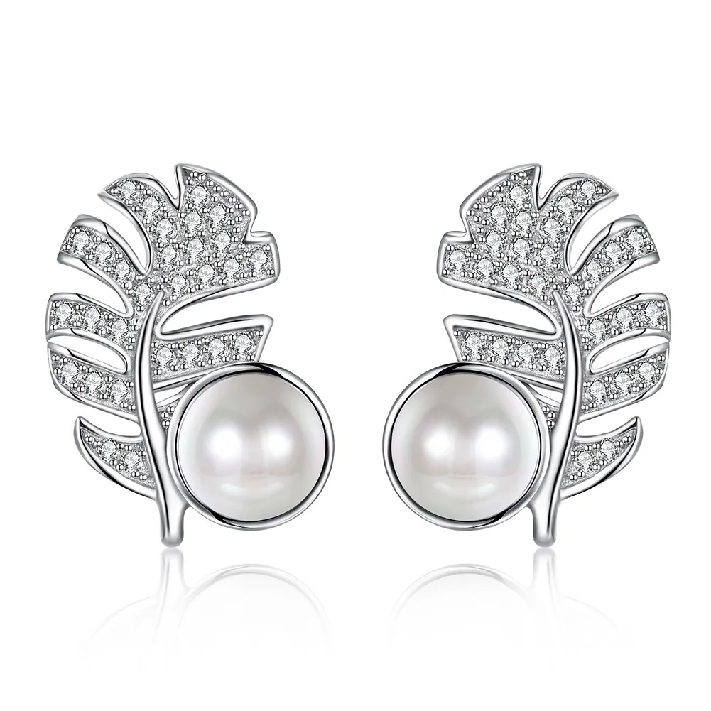 

INALIS New Arrived S925 Sterling Silver Leaf Pearl Stud Earrings Crystals from Swarovski Pearl Earrings for Women Jewelry