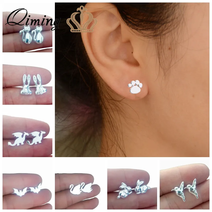 

QIMING Silver Baby Kids Earrings For Women Female Cat Paw Swan Hummingbird Animal Pendant Bohemia Earring Cheap Jewelry Stud