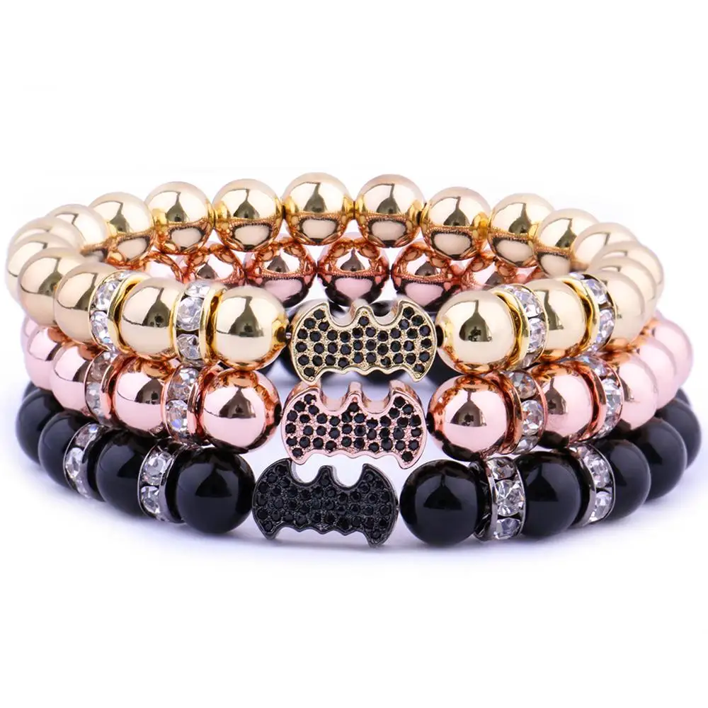 

2018 Brand New Pave CZ Batman Charm Bracelet For Men Women with 8mm Stone Bead Bracelet Fashion Jewelry Gift