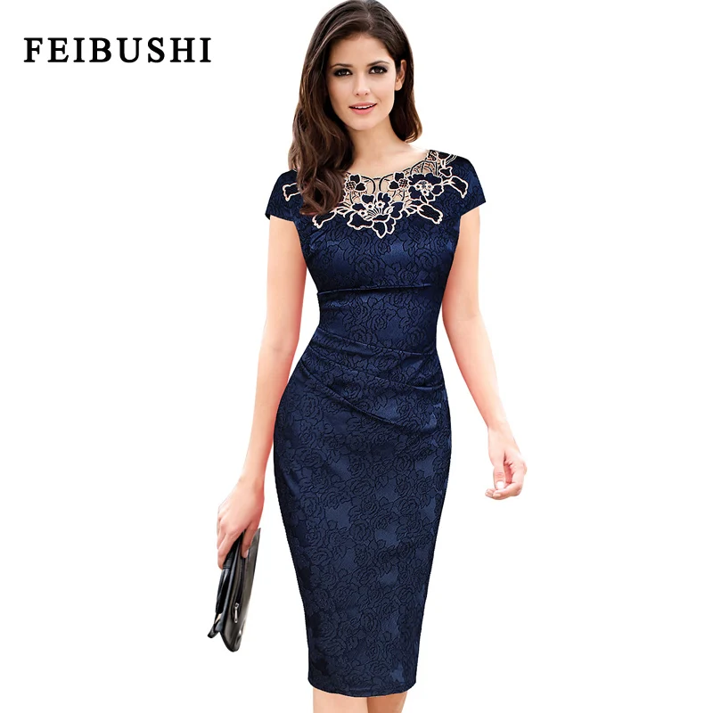 Beste FEIBUSHI Korte Mouw Geborduurde Bloem Kant Jurk Vrouwen 2017 Elegante hol Ruches Casual Jurk Potlood Bodycon Feestjurk