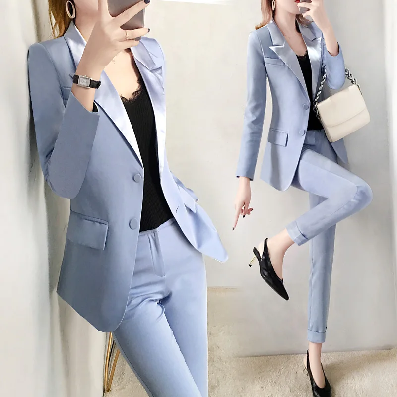

new Office Lady professional suit sets women's blue Blazer Jacket pants suits spring fashion Slim suit & pencil pants two-piece