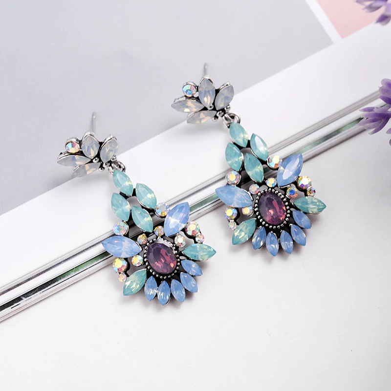 

LUBOV Elegant Blue Purple Crystal Stone Flower Pendant Dangle Earrings Women Rhinestone Acrylic Flower Girl's Gift Party Jewelry