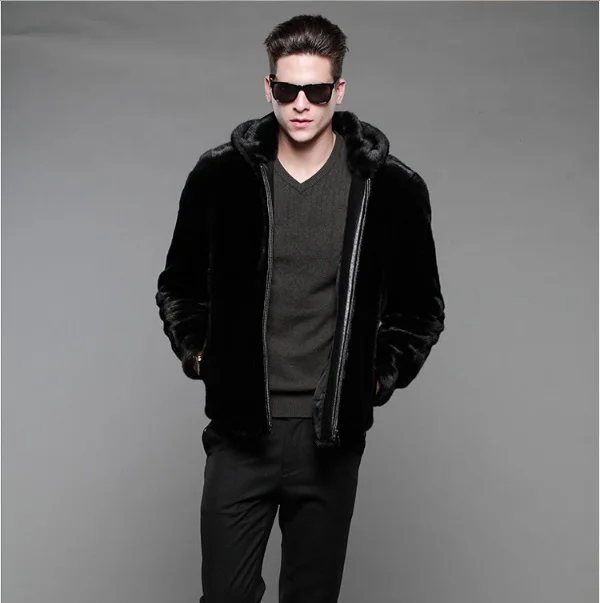 2017 Mens Faux Fur Coat Casual Hooded Black Mink Fur