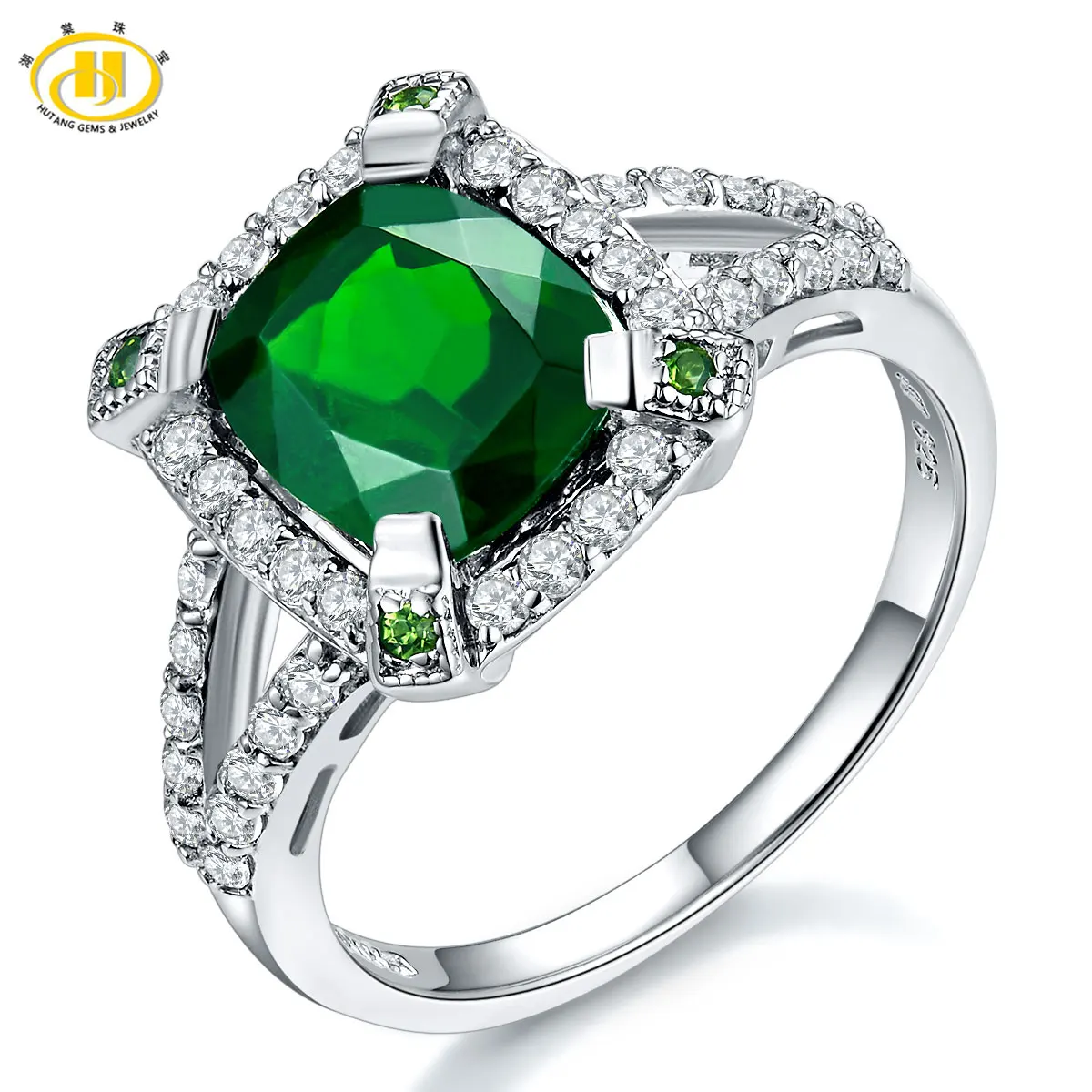 

Hutang New Fashion Solid 925 Sterling Silver 3.14ct Natural Chrome Diopside & White Topaz Ring Women's Gemstone Fine Jewelry