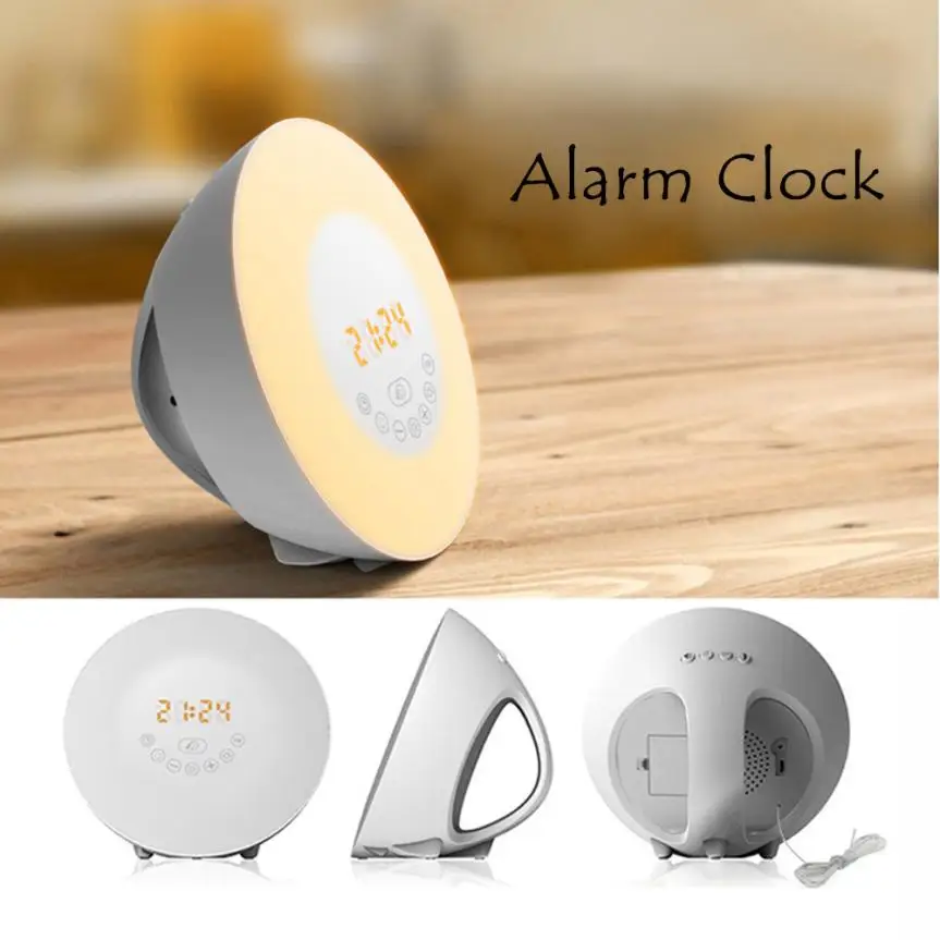 

LED Sunrise Wakeup 7 Colors Lamp Warm White Light RGB Round Alarm Clock FM Digital Radio US UK EU Plug Fall Sleep Night Light
