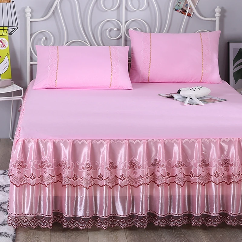 

Pink rufflers korean Lace bed skirt mattress cover bed set elastic bed cover bed sheets pillowcase Multiple sizes available #sw