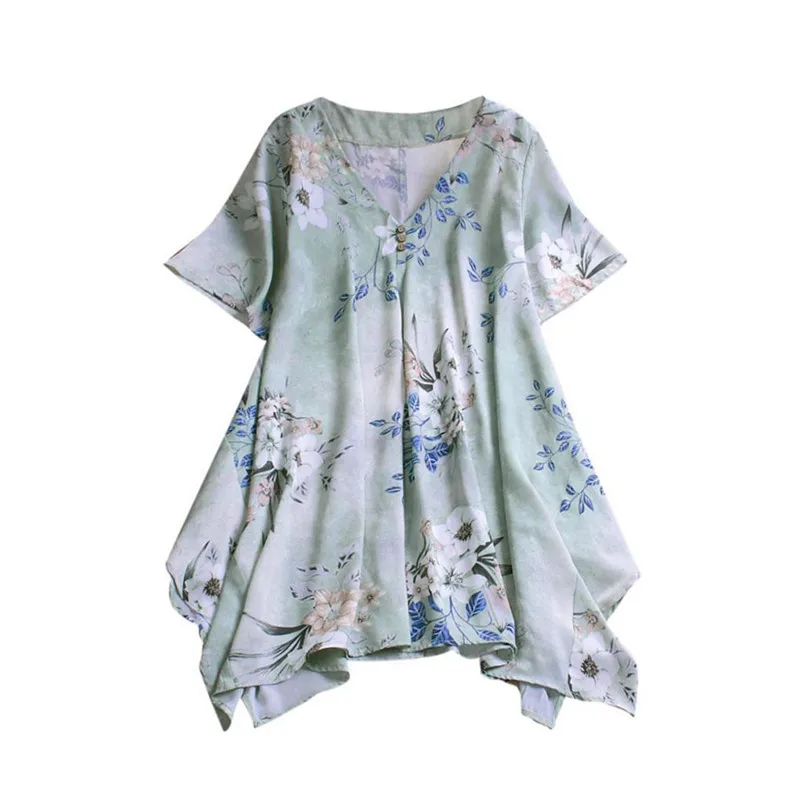 Women Summer Boho Print Casual Beach Vintage Fashion Button Blouse Chiffon Short Sleeves S-XXL Soft Thin Summer Top 40MY02 (7)