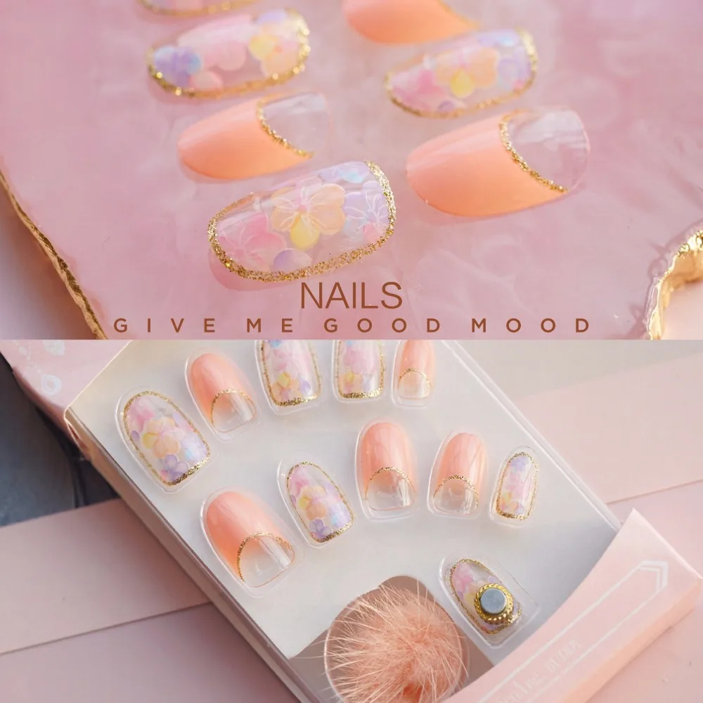 

Pink Magnet with mink fur false nails Beautiful pure color with flower pattern fake nails cute imported bride full nail tips