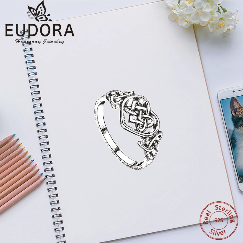 Серебряное кольцо Eudora, настоящее 925 пробы, на удачу, кельтский стиль, на любовь, с узлом, для женщин, специальный дизайн, модные обручальные кольца, ювелирное изделие CYJ01