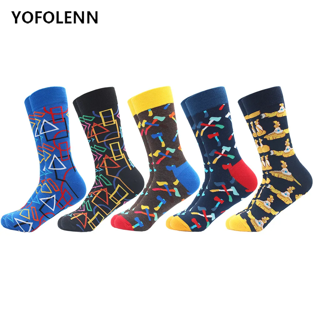 

5 pairs/lot Long Men's Combed Cotton Skateboard Colorful Funny Socks Novelty Winter Autumn Casual Dress Wedding Happy Socks