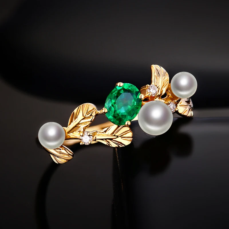 Caimao 14k Yellow Gold Natural 0.32ct Emerald with Pearl & Diamond Vintage Design Engagement Wedding Ring