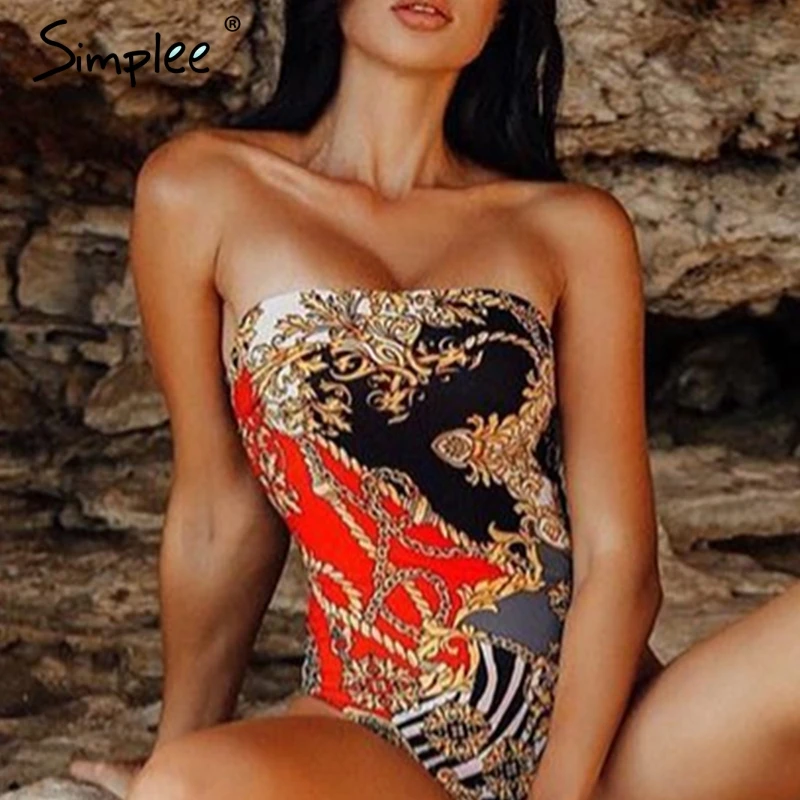 

Simplee Ethnic print one-piece swimwear women Sleevess high cut female swimwear suit Sexy padded summer beachwear bathsuit 2019
