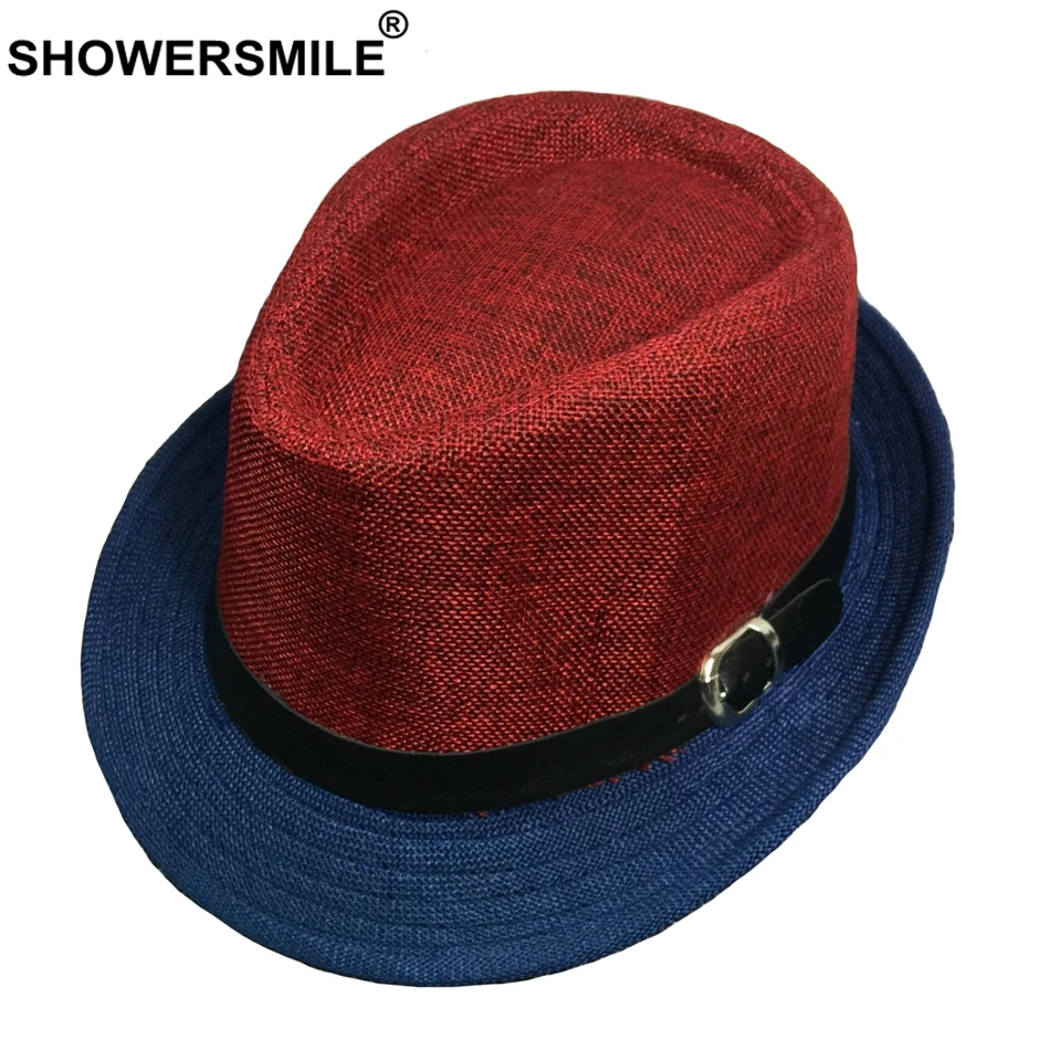 

SHOWERSMILE Red Blue Patchwork Men Fedora Hats Cotton British Style Jazz Hats Vintage Women Classic Autumn Hats And Caps New