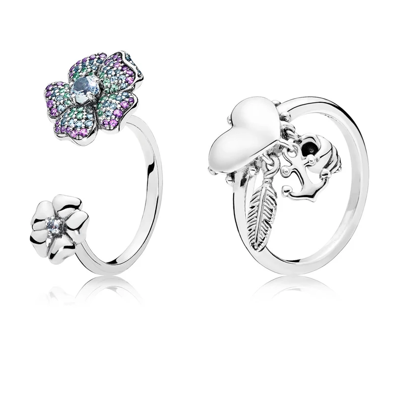 

925 Sterling Silver Ring Charms Heart Flower Anchor Wedding Ring For Women Jewelry