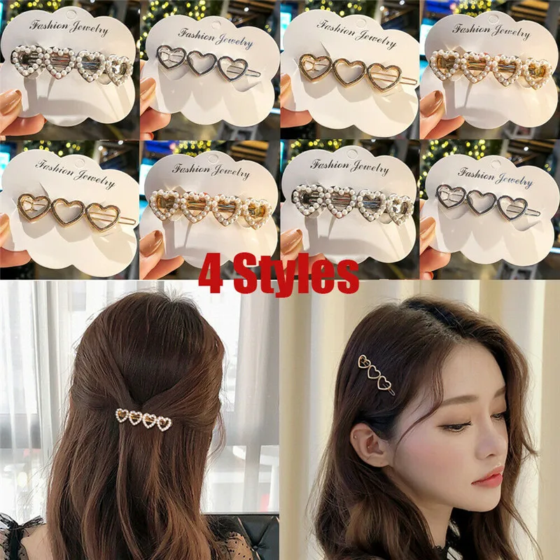

Women Girls Bling Hairpin Headwear Crystal Rhinestone Heart Hair Clip Headdress Pearl Hair Slide Grips Barrette Hair Accessories