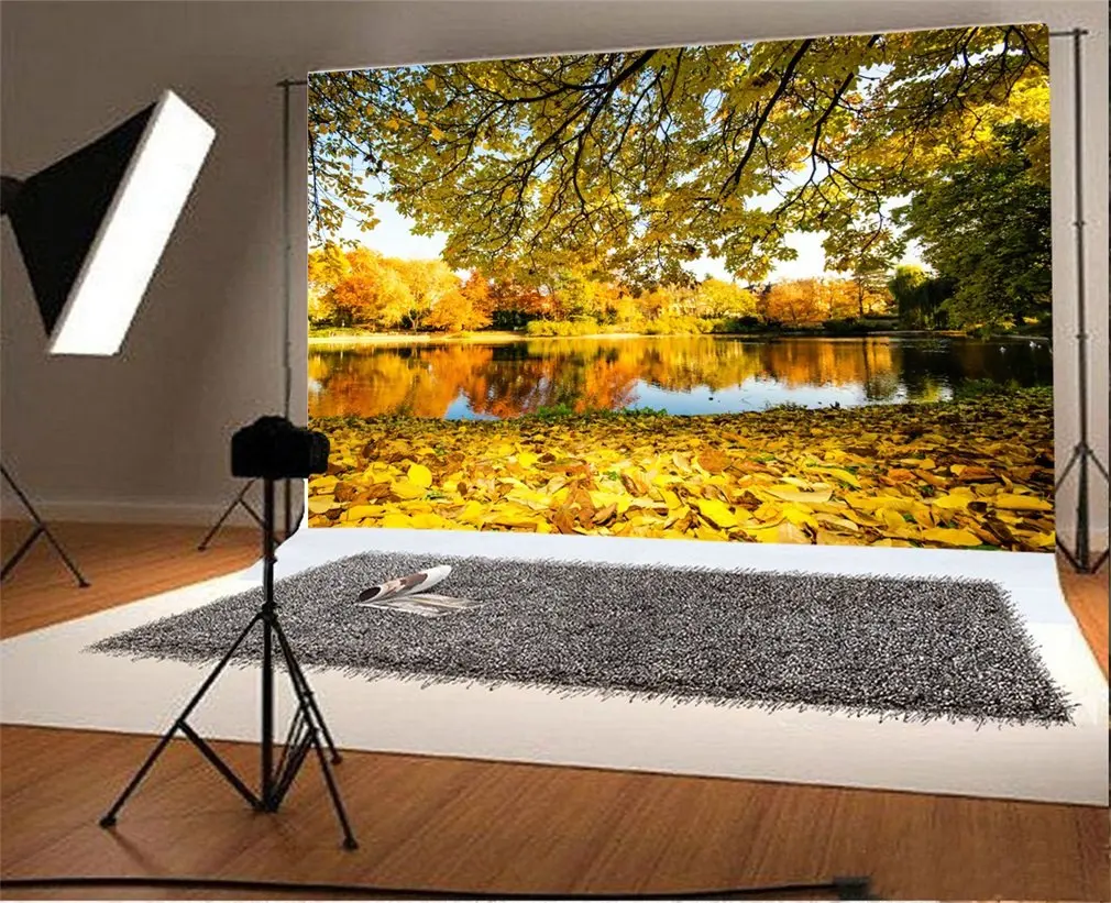 

Photography Backdrop Autumn Golden Leaves River Trees Blue Sky White Cloud Nature Photo Background Party