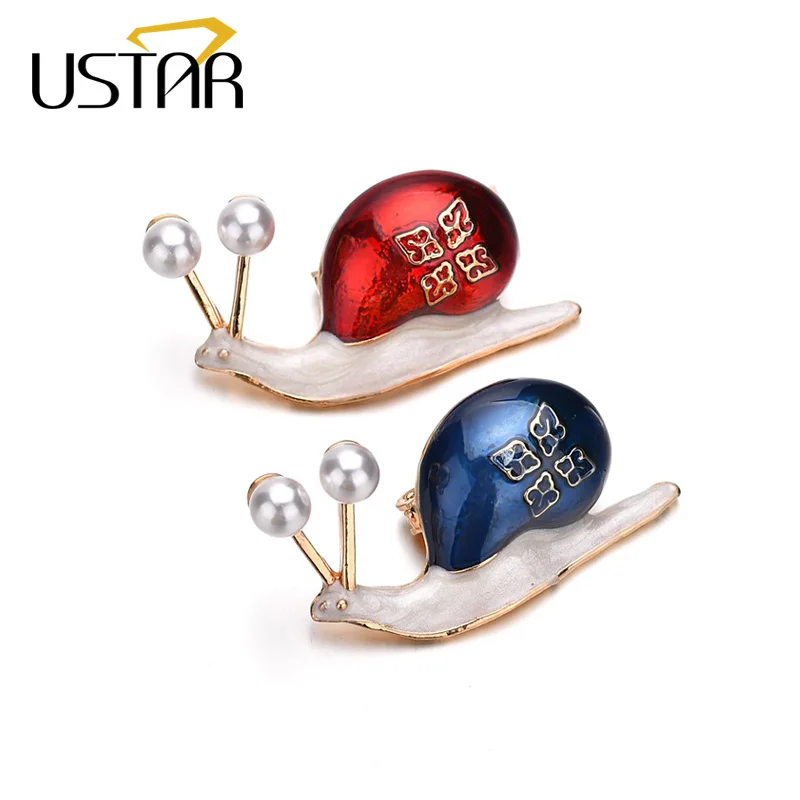 

USTAR Enamel Snai Brooches Pins For Women Created Pearl Cartoon Scarf Brooches female fashion Jewelry gift Accessories