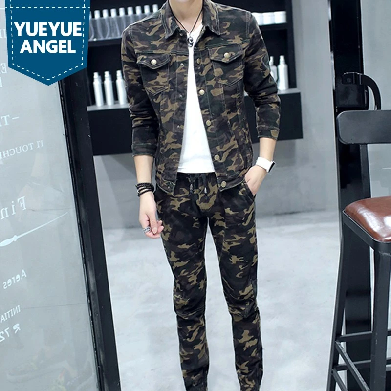 春の新ファッションメンズはミリタリー迷彩長袖男のジーンズコートバイカーelasitcウエスト全長のデニム Men S Sets Aliexpress