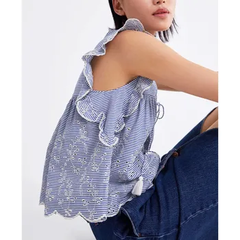 

Summer Women Ruffles Embroidered Floral Blouse V neck Stripes Pullover Shirts Sleeveless Lace Up Preppy Style Tops