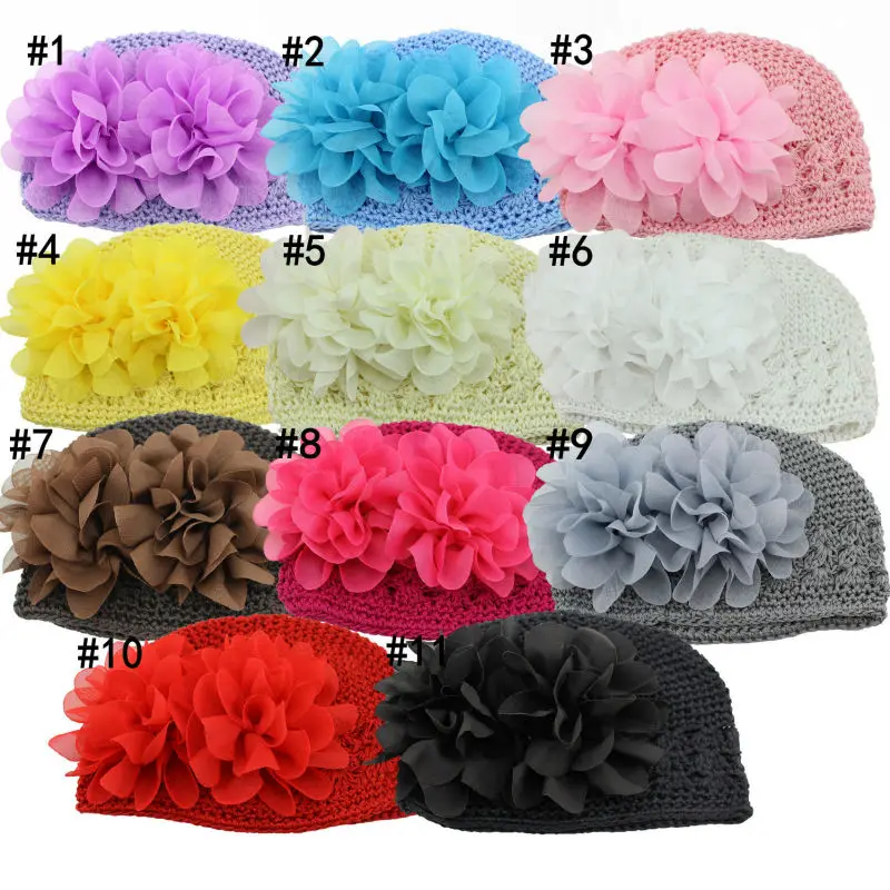 M Size Girl Handmade Cotton Crochet Kufi Hats With Big Chiffon Flowers