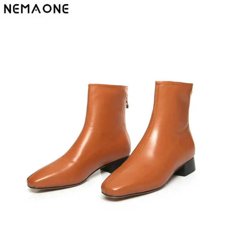 

NEMAONE Genuine Leather low Heels Women Ankle Boots Zipper Elegant Chelsea Boots Basic Party Office Shoes size 41 42 43