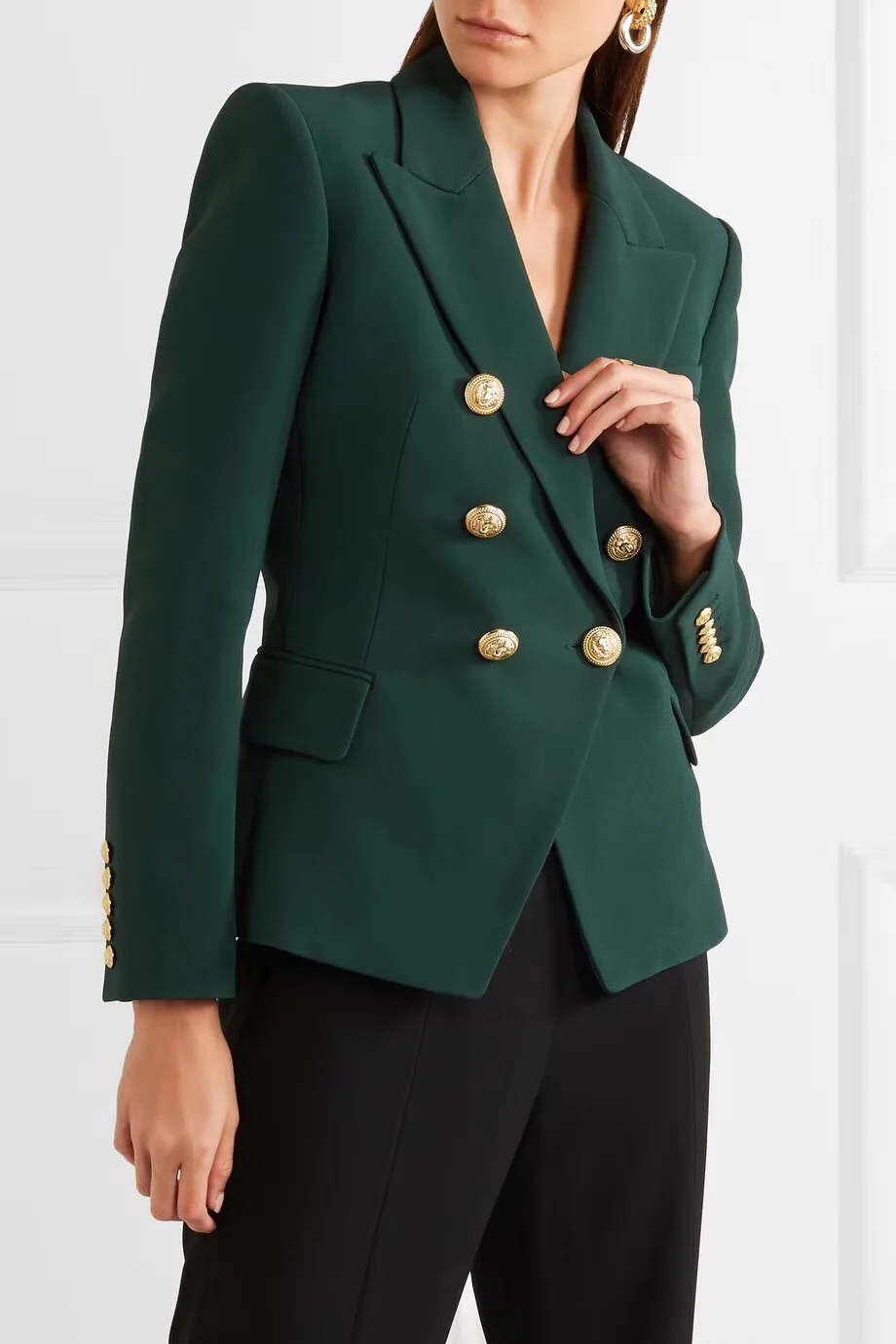

WISHBOP TOP QUALITY !!!! Bottle Green Double Breasted Blazer GOLD EMBOSSED BUTTONS For Woman 2019ss Limited Stock On sale