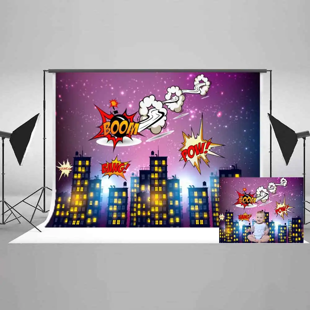 

MTMETY Super hero City Backdrop Boom Children Birthday Party Decoration Cartoon Photography Background vinyl Photo Booth Props