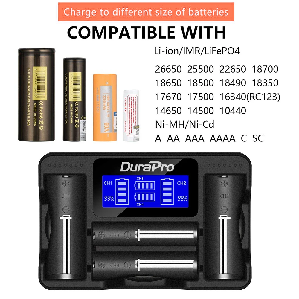 Durapro ЖК-дисплей 4-Порты универсальное usb-зарядное устройство для 18650 18490 18350 17670 17500 16340 RCR123 14500 10440 AA AAA Li-Ion Батарея